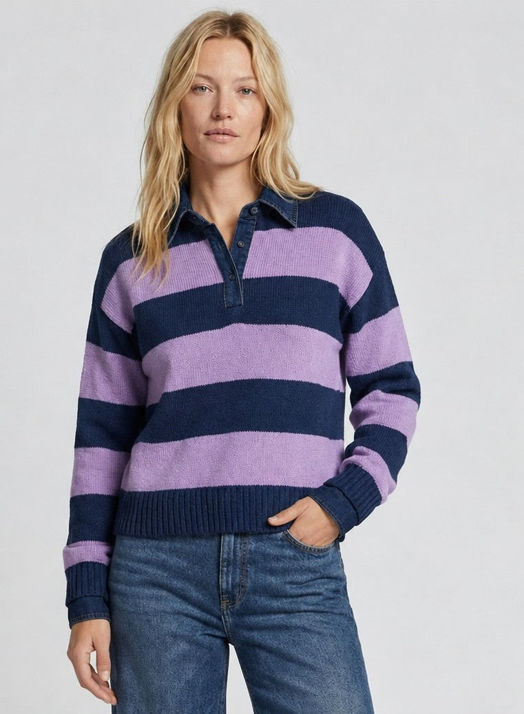 Rugby Stripe Polo w/Denim Collar